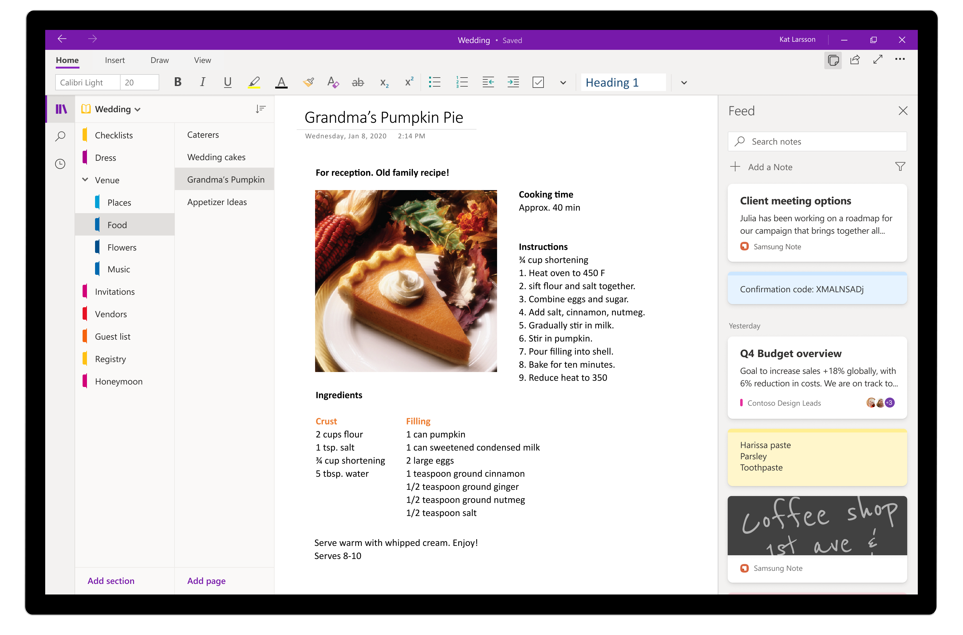 This image shows how you can reference your notes in a OneNote page  and capture any new thoughts by creating a Sticky Note in your feed without leaving OneNote.