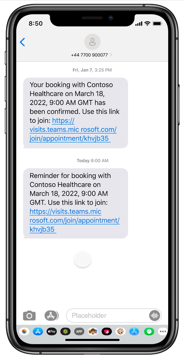Een mobiele telefoon waarop een deelnamekoppeling is geselecteerd uit een afspraakherinnering in een sms-bericht, waar op de knop Inchecken wordt gedrukt, en op het scherm wordt deelgenomen aan de afspraak met een zorgverstrekker.