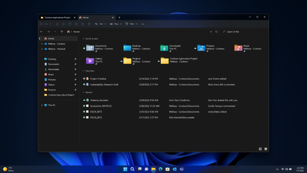 Weergave van Verkenner-scherm in Windows 11 met functies voor het organiseren van bestanden, waaronder de categorieën Favoriet en Recent.