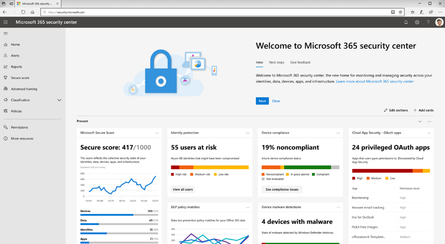 Zrzut ekranu przedstawiający pulpit nawigacyjny centrum zabezpieczeń platformy Microsoft 365.