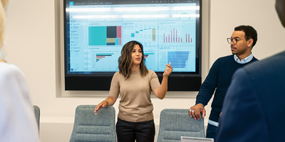 Imagem de duas pessoas em uma reunião em frente a uma tela com gráficos