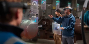 Homem e mulher em fábrica analisando um holograma projetado no local