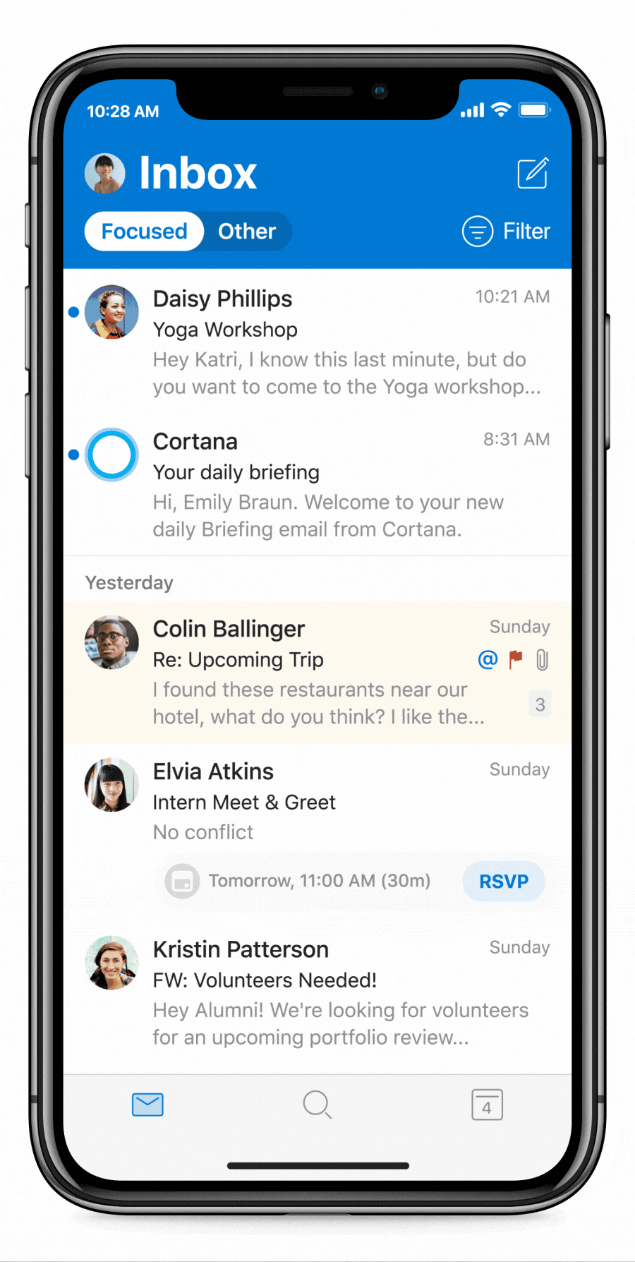 Imagem animada do Briefing diário da Cortana no Outlook Mobile. O utilizador abre um resumo diário, marca um relatório de qualidade e uma tarefa como concluídos e agenda tempo de concentração antes de verificar o calendário