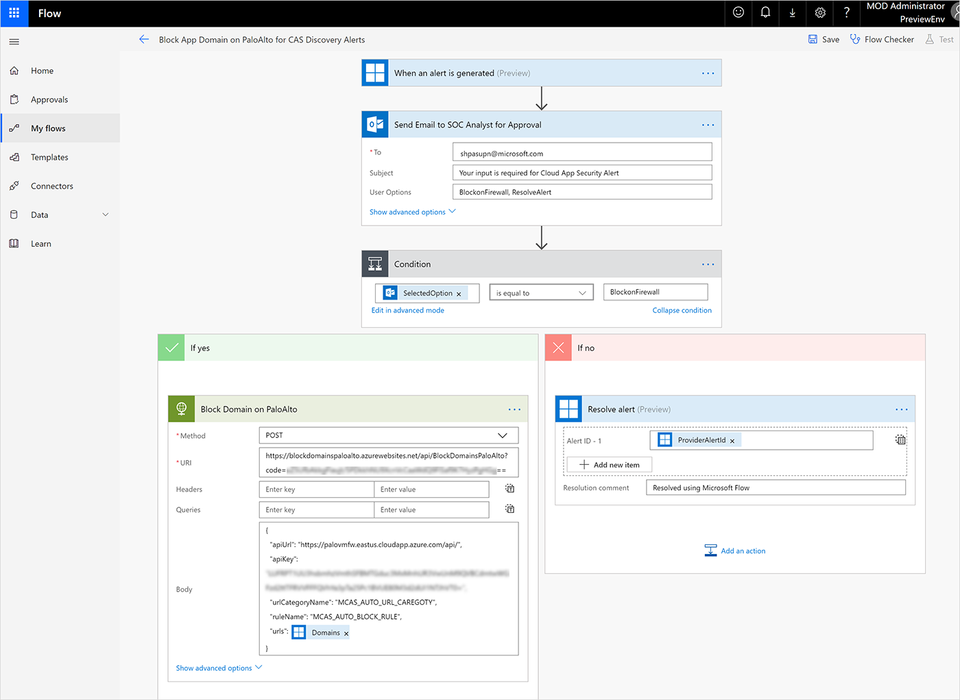Screenshot of a workflow in Microsoft Flow.