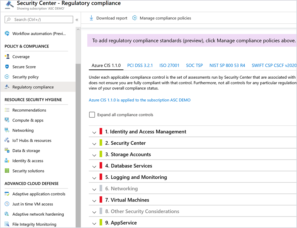 Image showing regulatory compliance standards in the Azure security center.