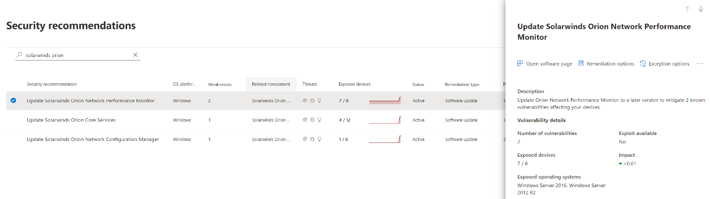 Screenshot of security recommendations for Solorigate in Microsoft Defender Security Center