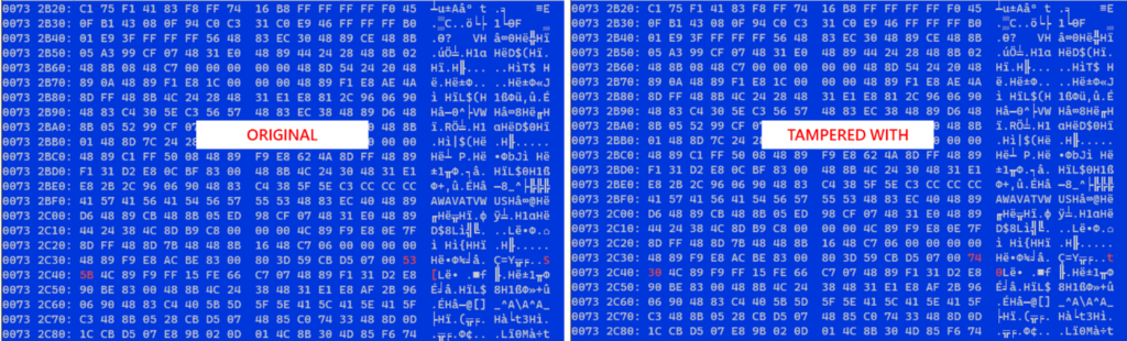 Screenshot of code comparing original and tampered with code