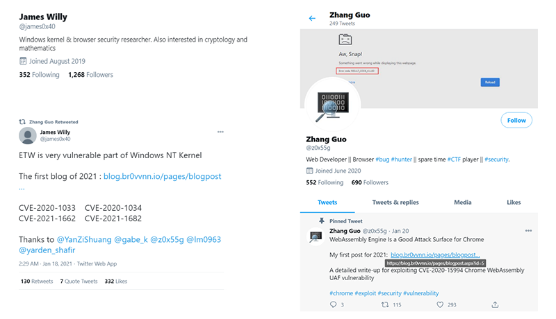 Screenshot of Twitter accounts set up by ZINC attackers