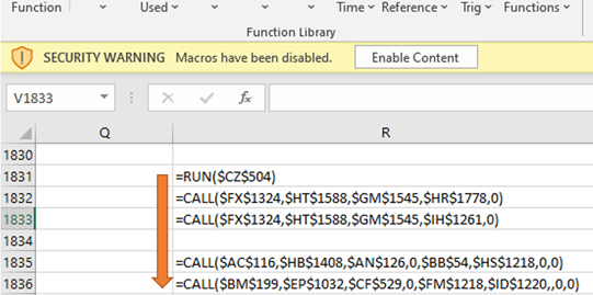 Screenshot of Microsoft Excel file with malicious XLM macros