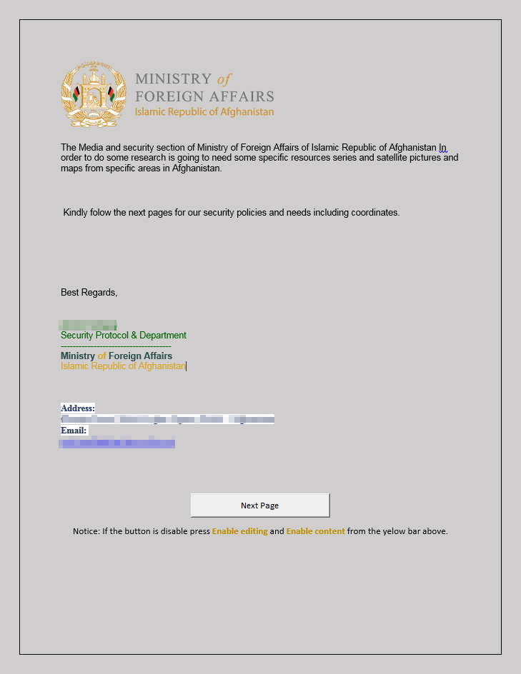 Screenshot of document with malicious macro