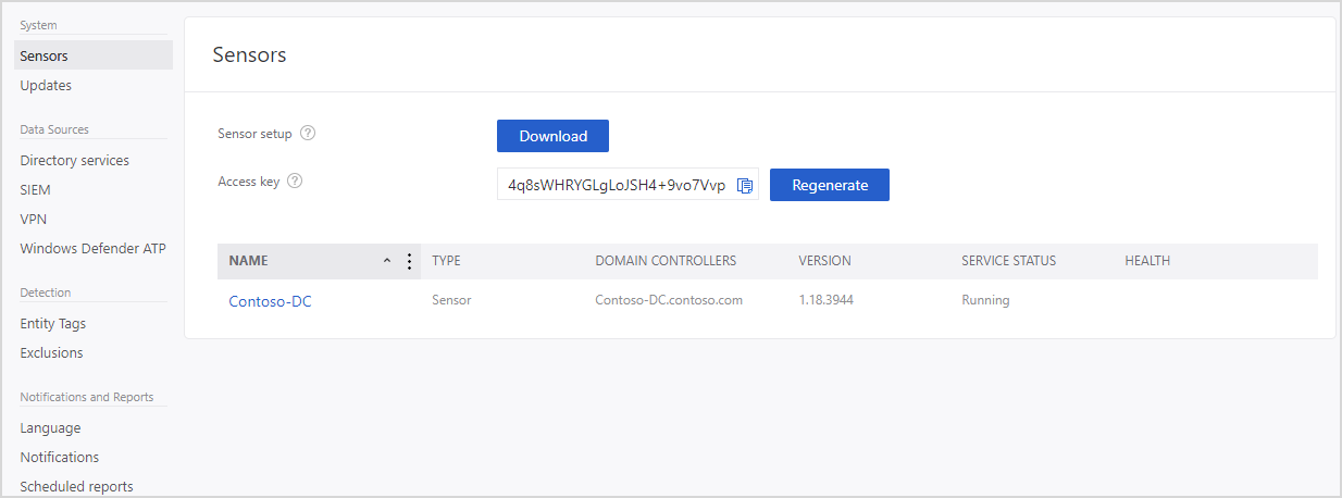 Screenshot showing the access key and sensor setup download button in the Azure Directory dash.