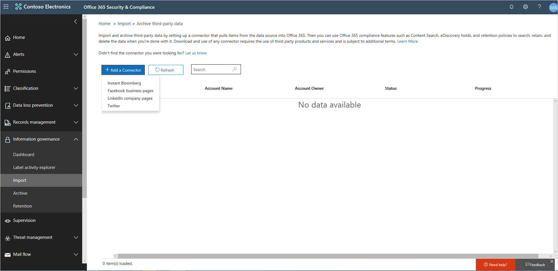 Screenshot of a connector being added in the Office 365 Security & Compliance dashboard.