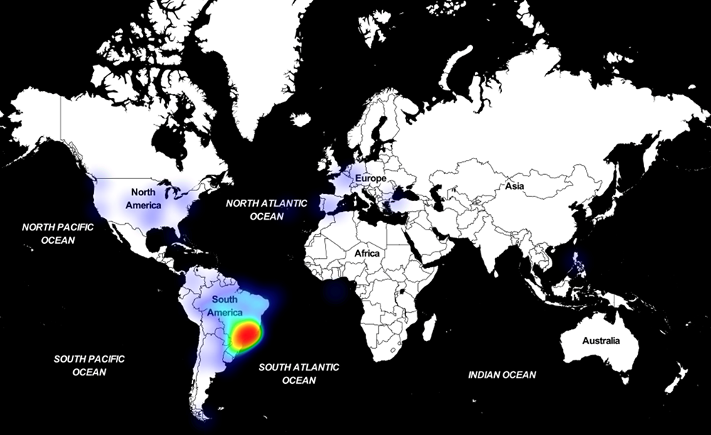 Heat map showing Astaroth encounters, with Brazil accounting for majority of encounters