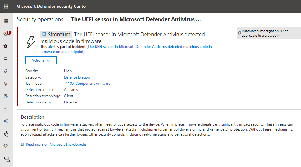 Screenshot of Microsoft Defender ATP alert for detection of malicious code in firmware