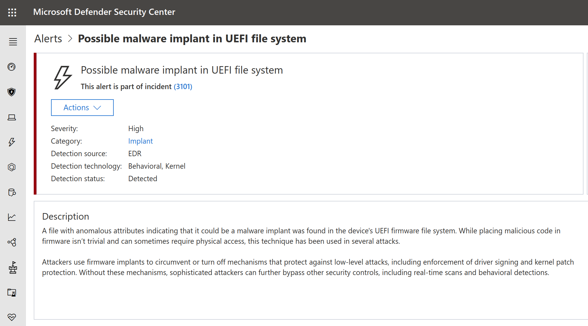 Screenshot of Microsoft Defender ATP alert for possible malware implant in UEFI file system