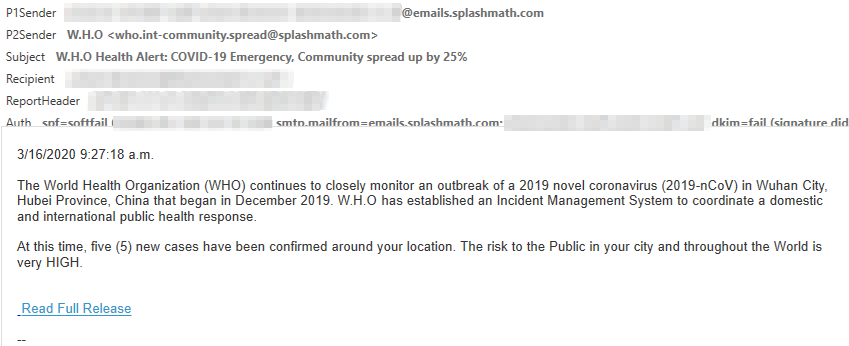 Sample phishing email with COVID-19 themed lure