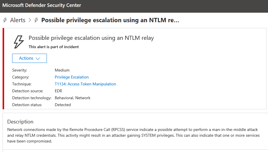 An image ofMicrosoft Defender ATP alert of detected escalation of privilege attempt. 