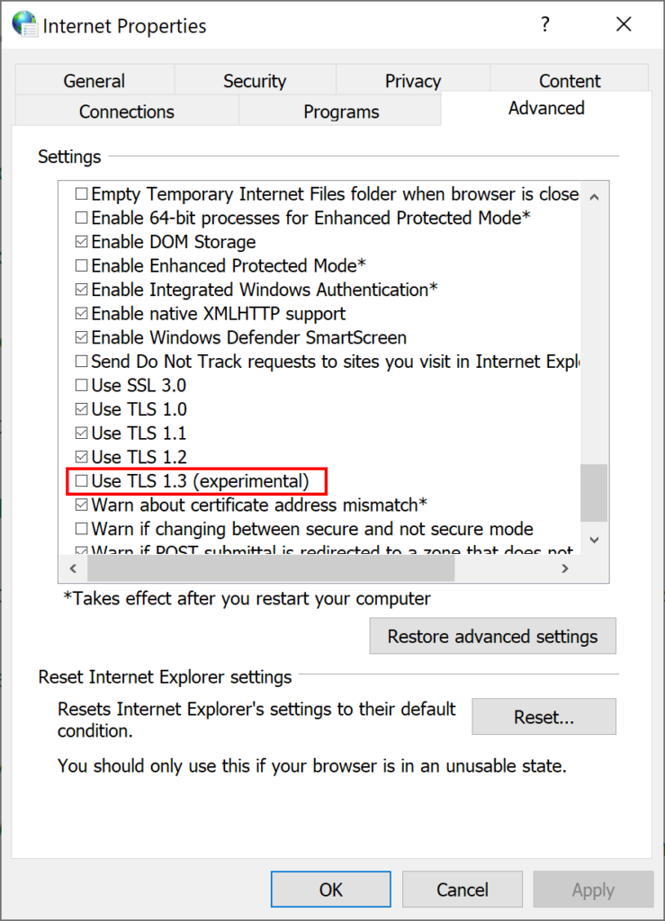 Screenshot of Advanced settings tab in Internet options menu, showing TLS 1.3 option