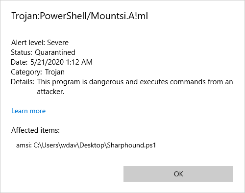 Screenshot of Microsoft Defender Antivirus alert for detection of SharpHound