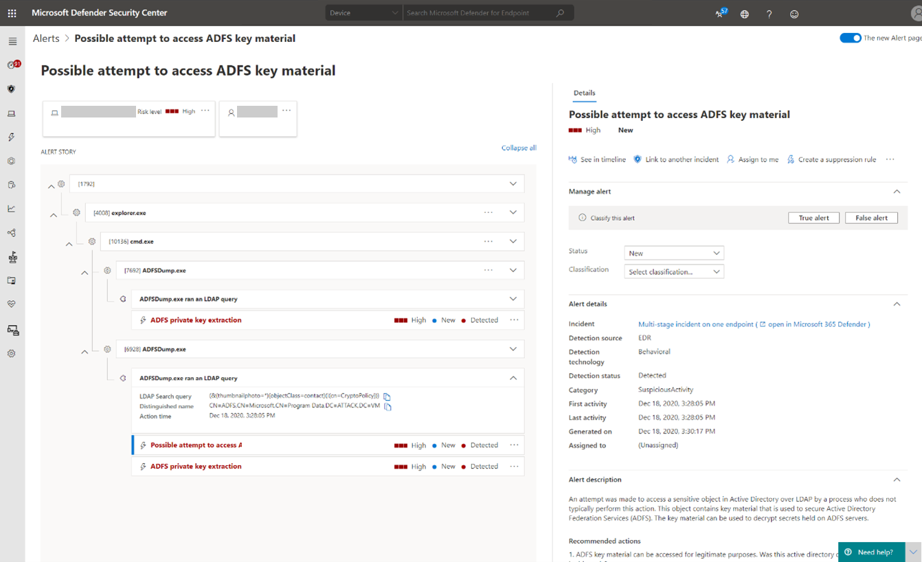 Screenshot of Microsoft Defender Security Center alert for LDAP query and AD FS private key extraction