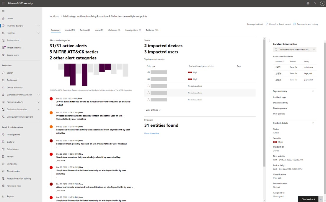 Screenshot of Microsoft Defender Security Center incidents view for Solorigate