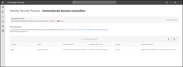 Screenshot of Microsoft Cloud App security showing unmonitored domain controllers 