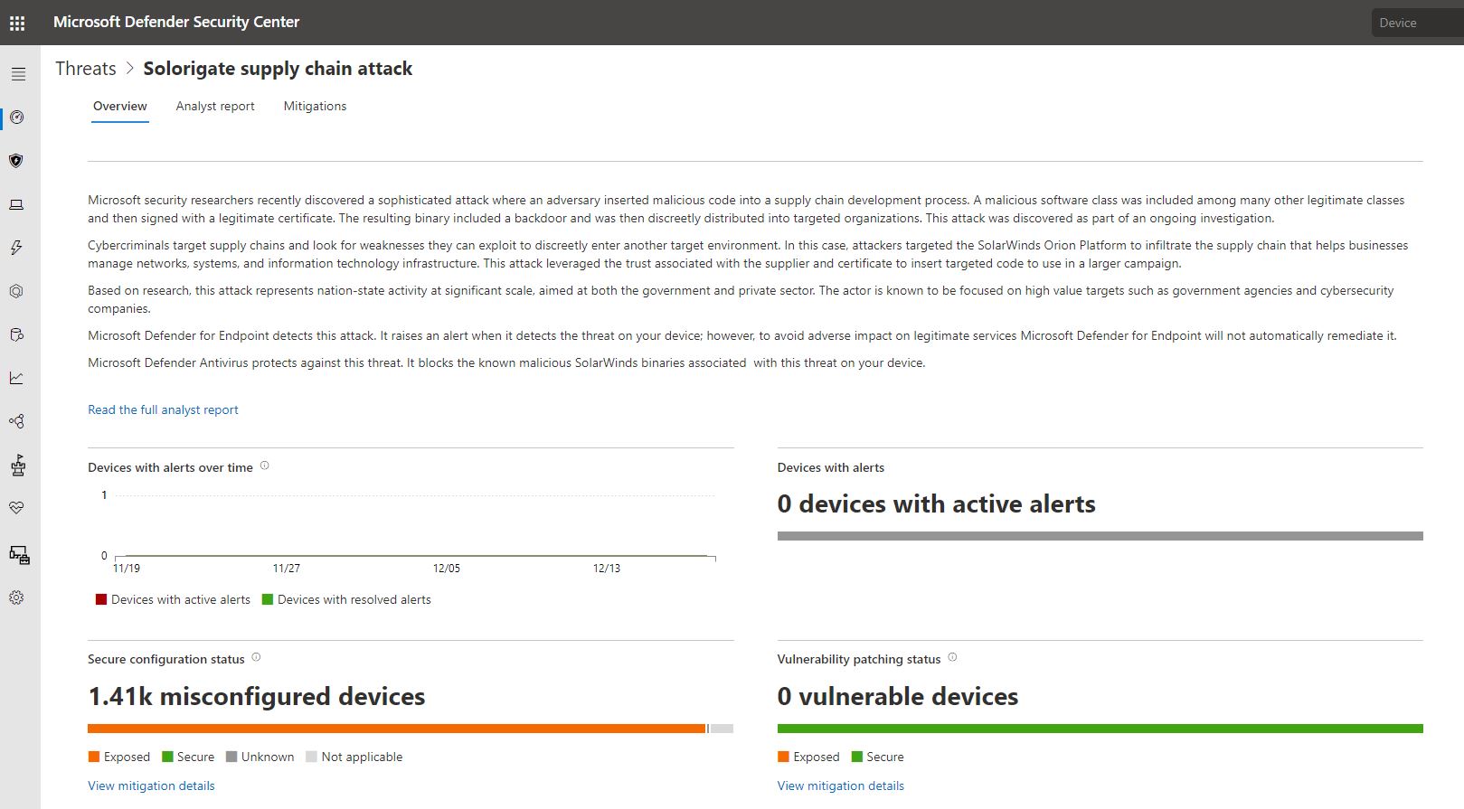 Screenshot of Threat analytics report on Solorigate