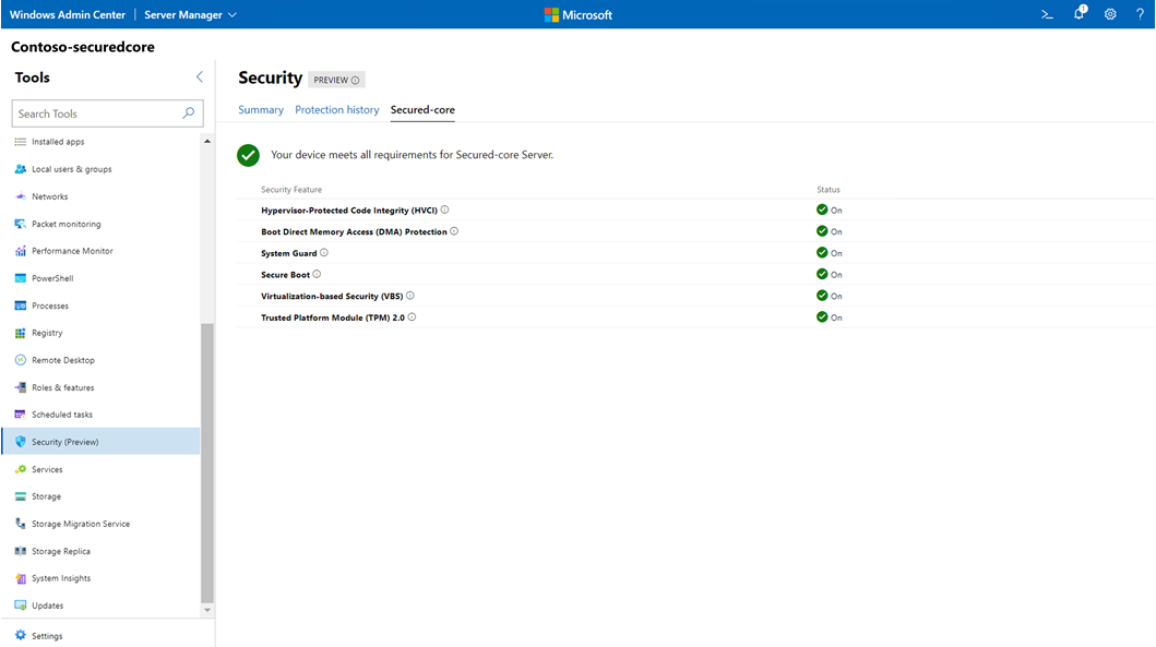 The Windows Admin Center will allow easy management of Secured-core functionality from any browser 