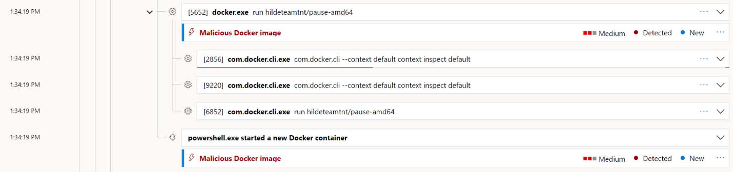 Screenshot of Microsoft Defender Security Center showing detection of malicious Docker image