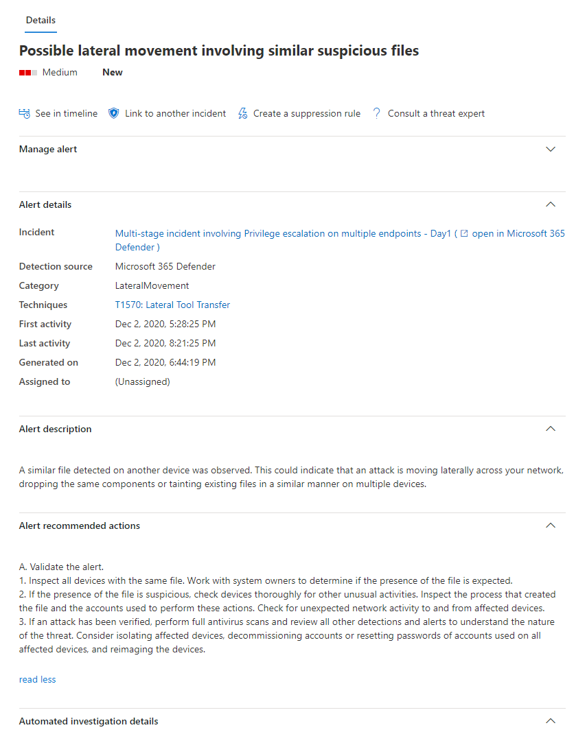 Microsoft 365 Defender alert based on correlated signals using AI across identity and endpoint activity