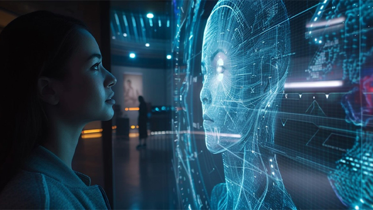 Woman looking at a hologram in a modern office