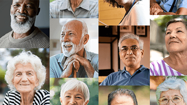 Portraits of older adults, some of them smiling and the others looking into the camera 