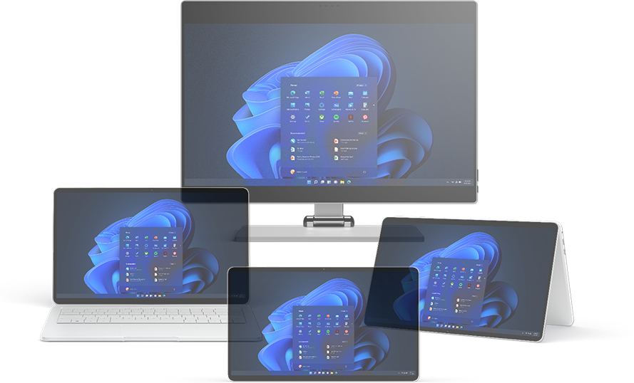 这有四种类型的计算设备，上方是台式机，有方是all in one 一体机，下方是平板电脑，左方是笔记本电脑